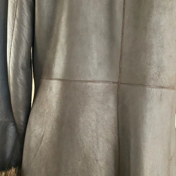Vintage WHISTLES Dark Brown Soft Leather & Fur Long Overcoat Size Medium